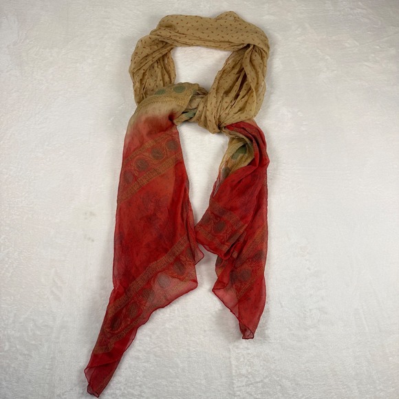 Accessories - Sheer Boho Ombré Scarf Red Tan Lightweight Floral Block Print